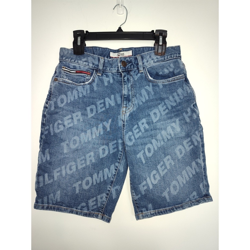 Tommy Hilfiger Denim Mens Blue All Over Logo Print Jean Shorts Size 29